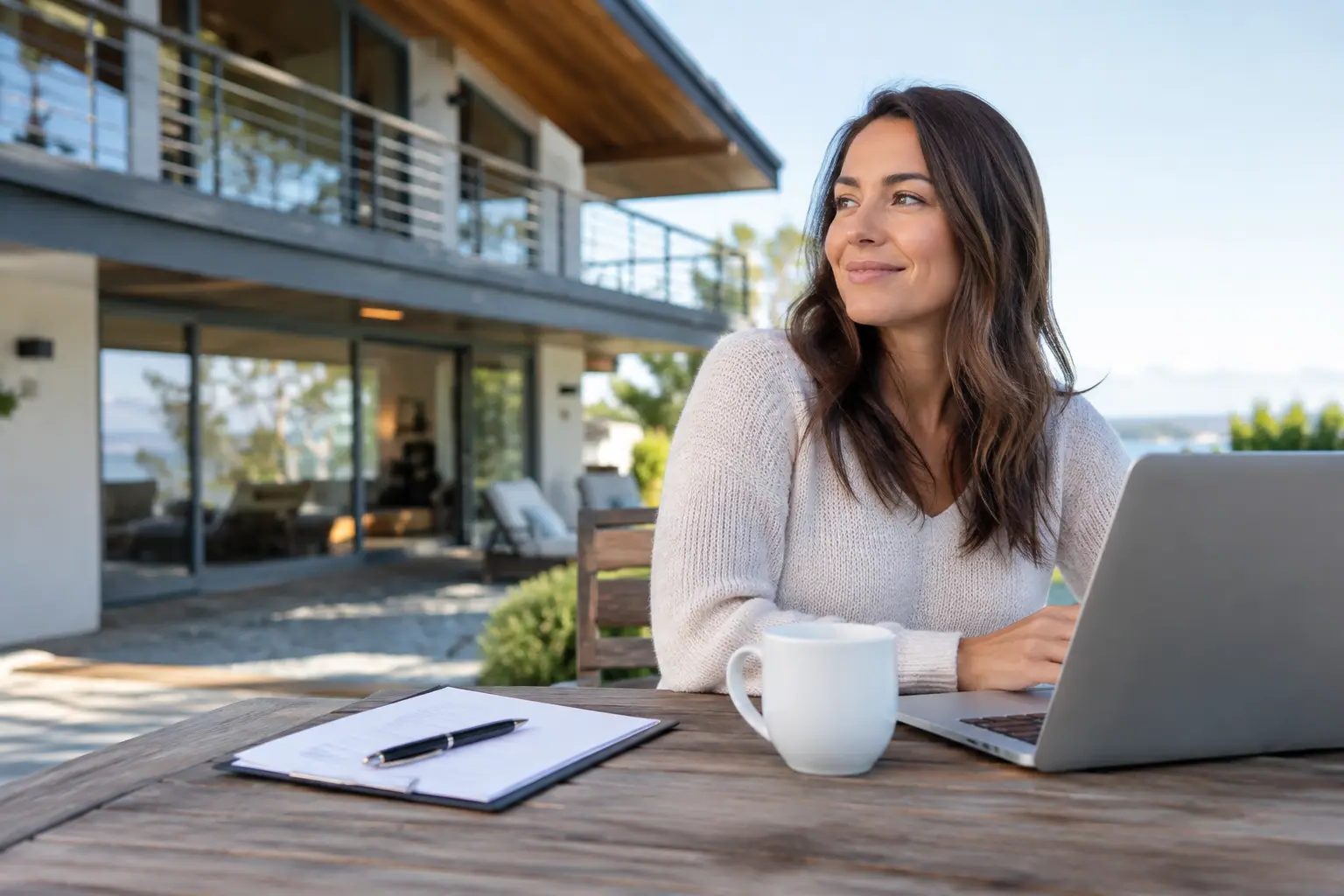 A guest working on a laptop on the patio of a modern home